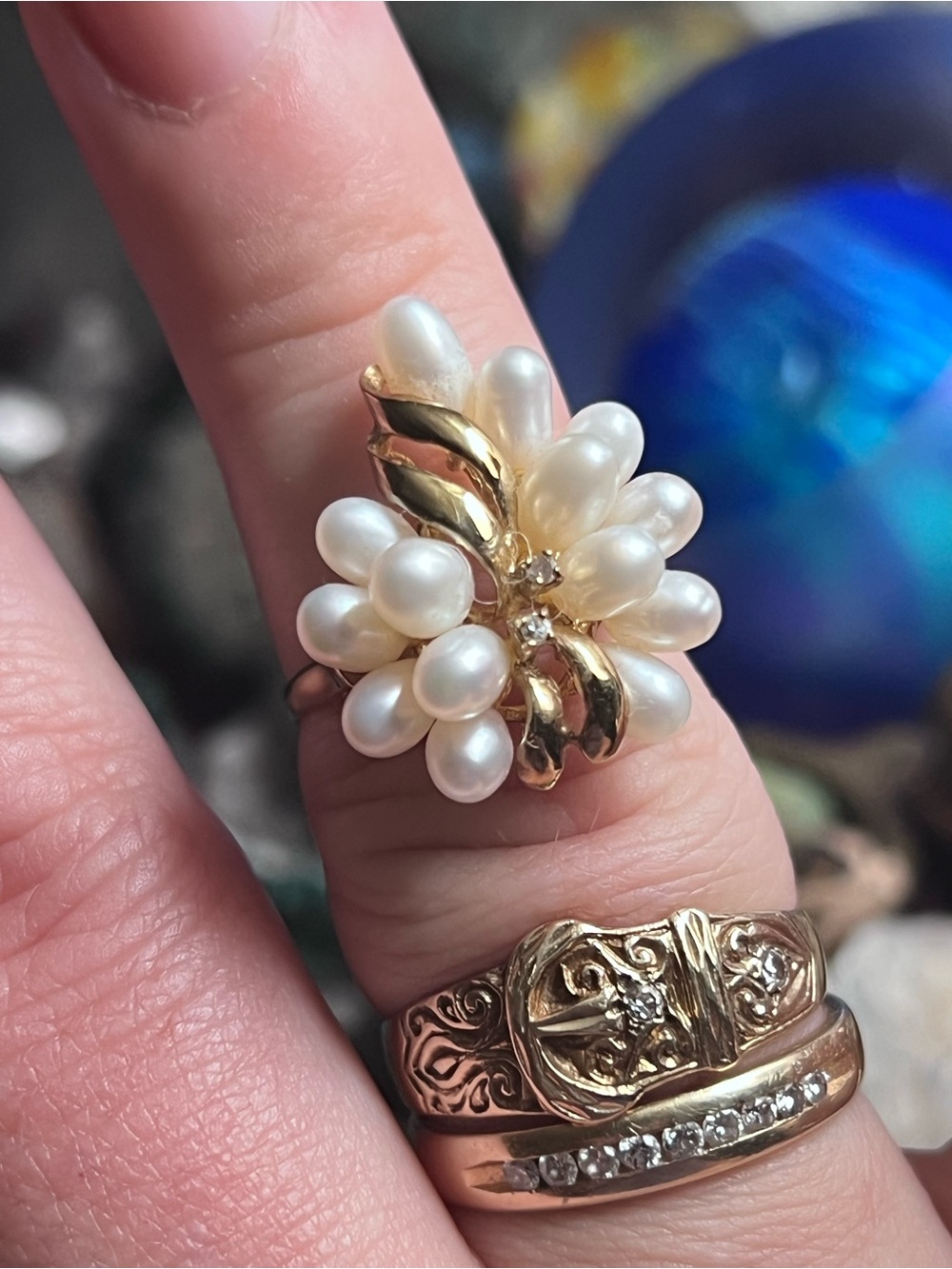 Vintage 14k gold pearl & diamond cluster ring